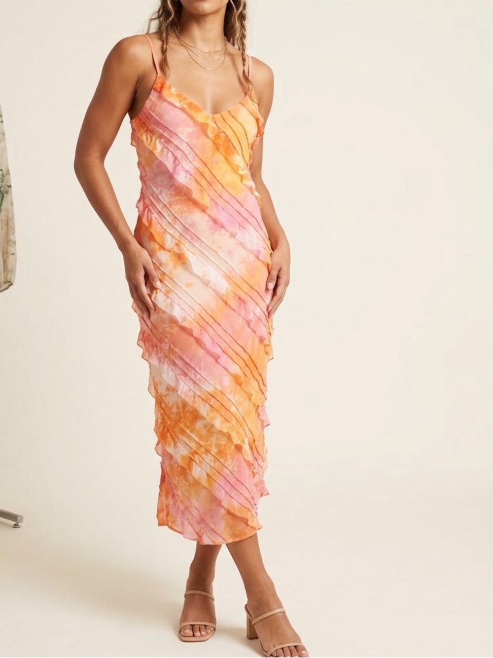 Princess Polly Watercolor Pink & Orange Spiral Slip Midi Dress